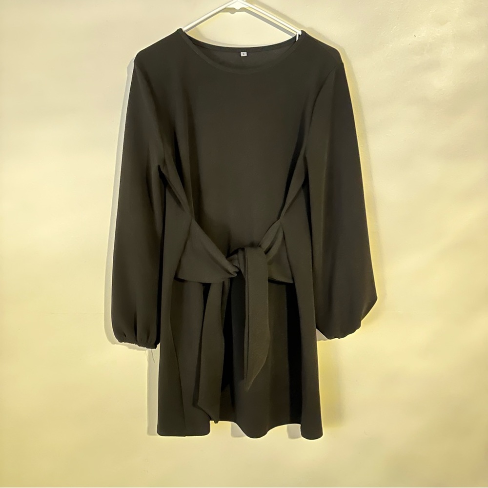 Black Tie Waist Long Sleeve Dress